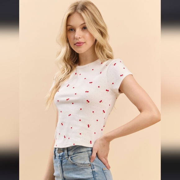 🍒🤍 Cherry Pointelle Cotton Baby Tee - Picture 2 of 3